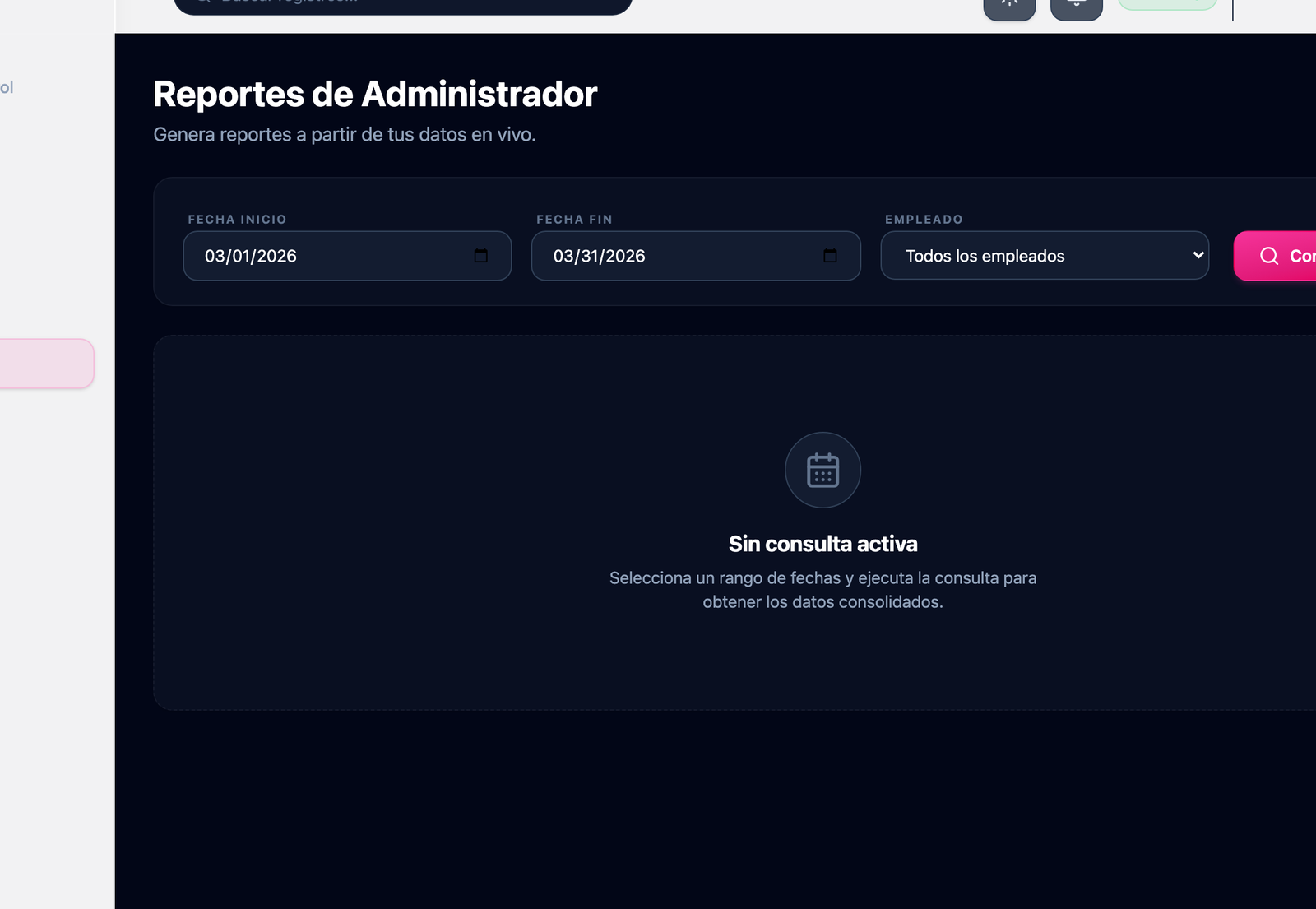 Vista de reportes administrativos con filtros por fecha y empleado