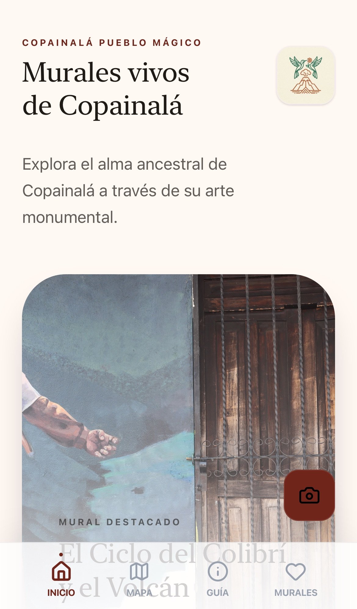 Pantalla inicial móvil de la experiencia Murales Zoques de Copainalá